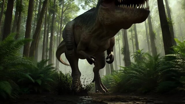 Giant tyrannosaurus rex sprinting through ancient jungle landscape with thick mist and lush tropical forest atmosphere