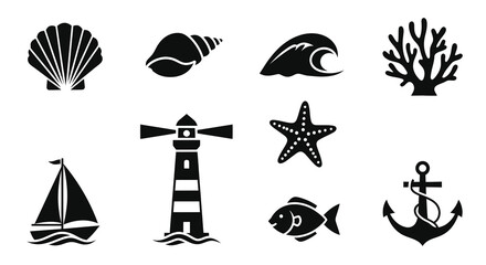 Obraz premium Nautical Marine Ocean Glyph Icons Set. Black Flat Sea Symbols Collection for Summer, Beach and Travel Design Elements.