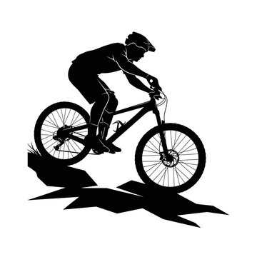 Black vector illustration of a male cyclist silhouette riding a mountain bike for extreme sports and racing