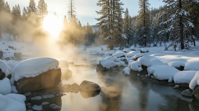 Sunlight streams over a steaming hot spring in a snowy forest