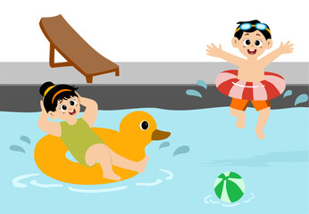 Fototapeta premium Little kid swimming at the swimming pool. kid playing at the swimming pool illustration, vector