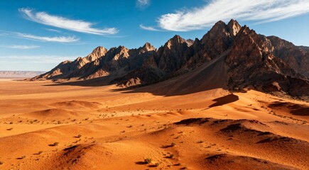 Fototapeta premium Sandy Desert with Rugged Mountain Peaks Under Blue Sky