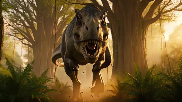 Powerful tyrannosaurus rex running aggressively toward the camera in a mist-filled prehistoric tropical rainforest