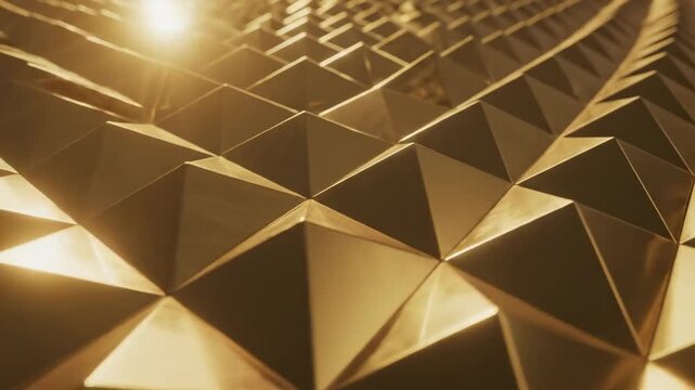 Abstract golden pyramids in a repeating pattern with light reflections.