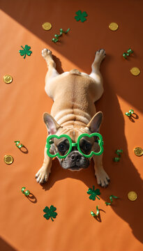 Top view of a French Bulldog lying down wearing green shamrock glasses. Funny St Patricks Day flat lay. For greeting card, poster banner