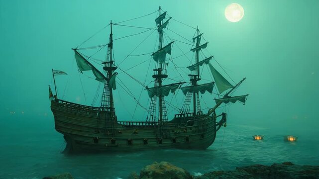 Ancient pirate galleon sailing through a mysterious foggy sea under the light of a full moon. Eerie glowing lanterns illuminate the dark waters for a fantasy adventure concept