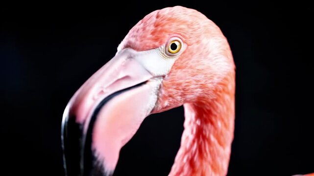 Close-up of a vibrant pink flamingo against a dark background.