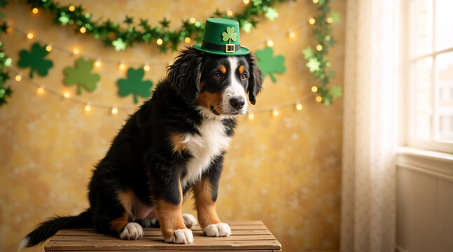 Bernese Mountain Dog puppy wearing a green hat indoors. St Patricks Day decoration with lights and shamrock garlands. For greeting card, poster banner