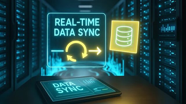 Real time data sync concept featuring digital tablet and server room technology showing fast data transfer and synchronization process with glowing database icons in futuristic style