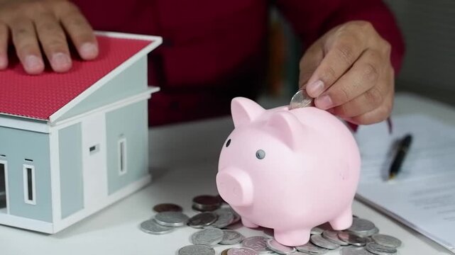 Piggy bank, minimalist house model, saving concept for home insurance, close-up, space for additional text. Property investment. Housing investment for the future.
