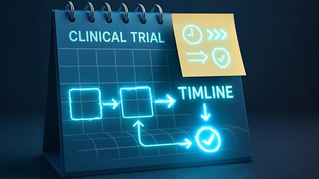 Clinical trial timeline flowchart with glowing arrows and check marks on dark desk calendar symbolizing medical research progress planning and healthcare research tracking