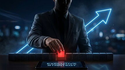 Businessman in a Suit Pressing a Red Button with Digital Executive Strategy Display
