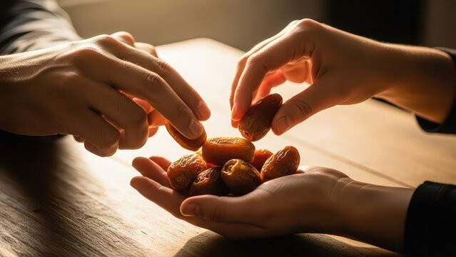 Warm and intimate close-up shot of two human hands, one offering delicious sun-ripened dried Medjool dates to the other, creating a heartfelt moment of sharing and generosity under soft golden