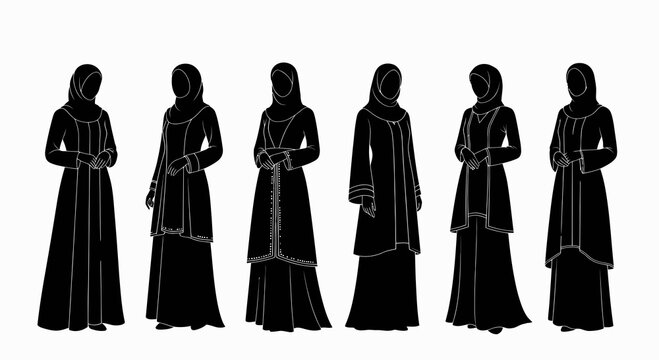 Islamic Modest Fashion: Black  White Line Art Silhouettes of Muslim Women in Traditional Abaya and Hijab Dresses, Vector Set.