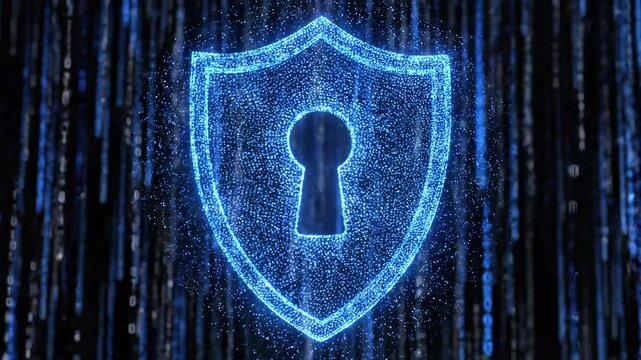 Futuristic electronic shield with a keyhole surrounded by cascading binary code, representing cybersecurity