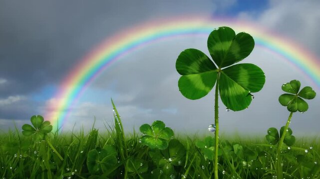 Vibrant green four leaf clovers covered in dew drops stand in a lush meadow. A magical rainbow appears in the sky representing luck, hope, and saint patrick's day celebration