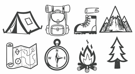 Black and White Hand-Drawn Line Art Camping and Outdoor Adventure Icons Set. Nature Exploration Elements with Tent, Backpack, Boot, Mountain, Map, Compass, Campfire, Tree.