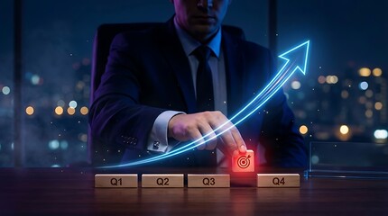 Businessman Using Digital Graph and Target Icon Emphasizing Growth in a Night City Setting