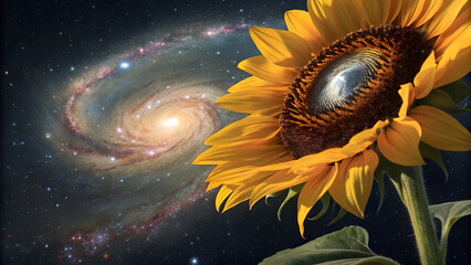 Cosmic Sunflower &mdash; Seed head replaced with a swirling galaxy or nebula.
