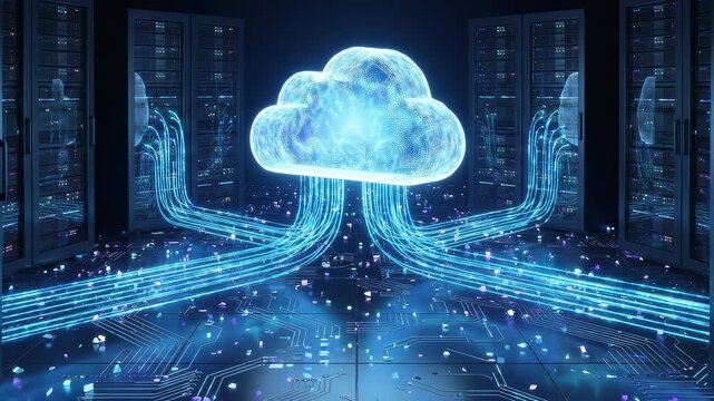 Cloud computing server room with luminous cloud and flowing data streams connecting racks symbolizing data storage and virtual network technology