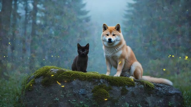 A shiba inu dog and a black kitten sit together on a mossy rock in an enchanted forest. Magical fireflies glow around the unlikely animal friends in a misty woodland scene
