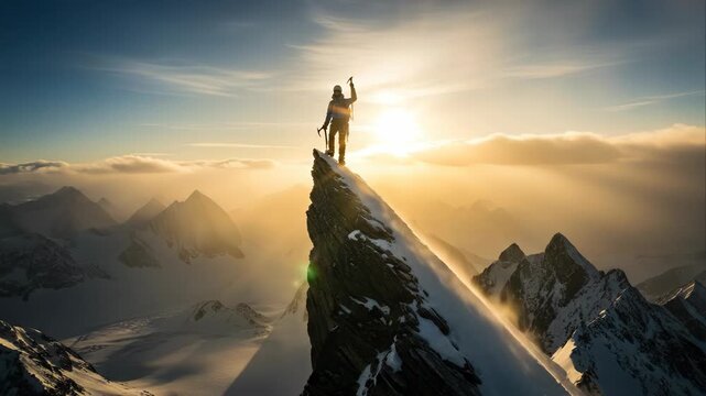 Solo climber reaches snowy mountain peak at sunrise, holding ice axe.