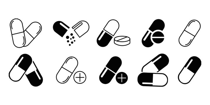 Set of capsule vector icons. Pharmacy vector icons featuring medical pills. Capsule medicine icon set. Used for medical purposes, with flat vector illustration and transparent background.