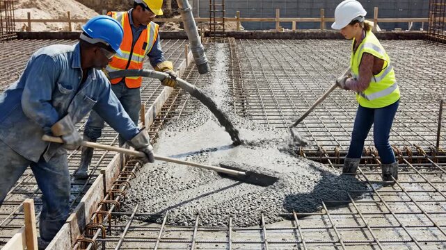 Construction workers pouring concrete on a reinforced steel grid for a building foundation.
