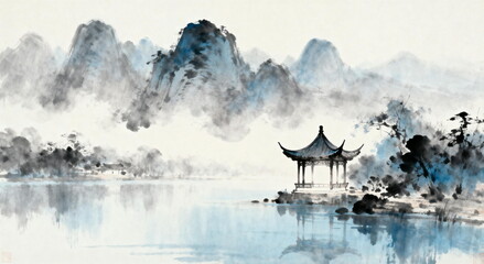 Traditional Chinese Ink Landscape Painting with Pavilion