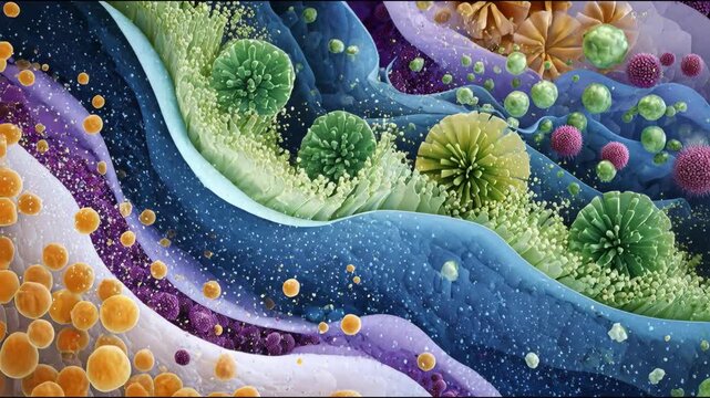 Abstract illustration of colorful microorganisms and cellular structures in fluid formations in gut representing biological diversity at a microscopic level