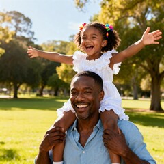 Father Carrying Happy Daughter on Shoulders in Park