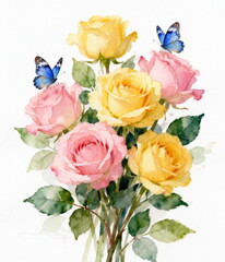 Watercolor Roses with Butterflies Bouquet