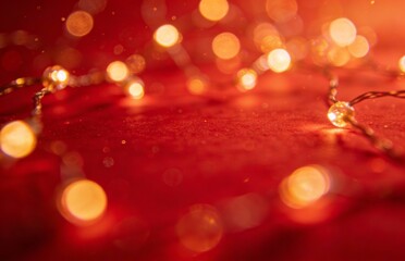 Warm Festive String Lights on Red Background