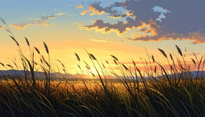 Fototapeta premium Golden wheat field at sunrise with dramatic sky and warm light landscape photography