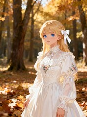 Blonde Girl in Vintage White Dress in Autumn Forest