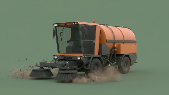 Industrial street sweeper truck with rotating brushes for urban cleaning and road maintenance, isolated on green background.