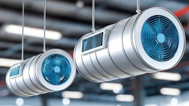 Industrial ventilation system featuring metal ductwork and blue fans hanging from ceiling in large commercial warehouse space, modern air circulation equipment for efficient climate control