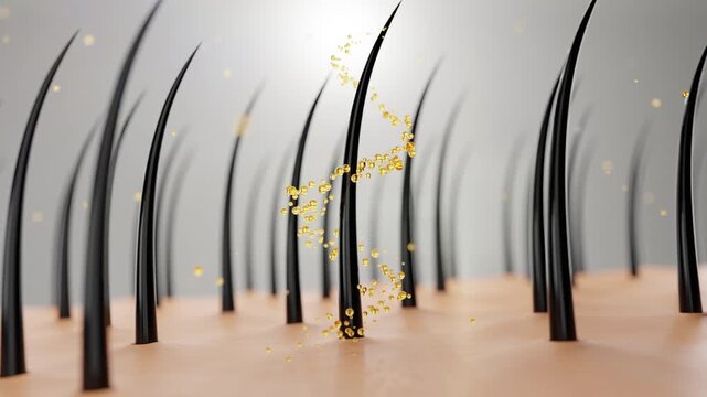Luxury golden hair serum droplet penetrating scalp and hair follicle with glowing energy line. Concept of hair growth, scalp nourishment, repair, strength, shine and advanced cosmetic technology.