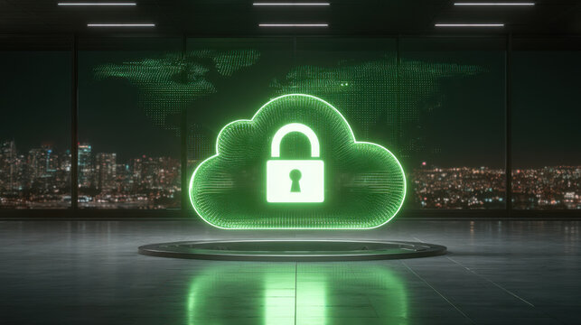 Secure cloud network icon glowing green hologram above floor with city skyline and world map in background expressing global data protection