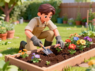Young Gardener Planting Flowers in Raised Bed