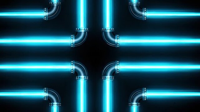 Glowing blue neon pipes with right angle bends and metallic joints arranged in symmetrical pattern on dark background creating vibrant futuristic glowing pipe pattern