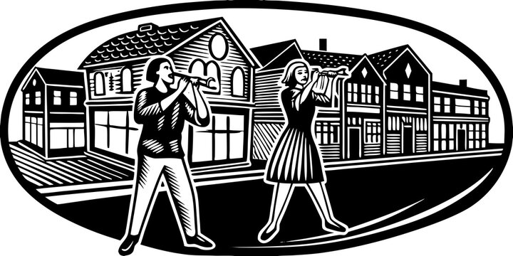 Silhouette of people playing music instrumet on the street with old town background