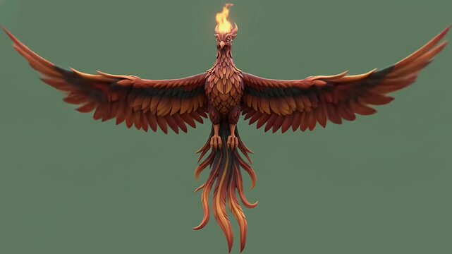 Majestic phoenix mythical bird with fiery orange and gold feathers, symbolizing rebirth, immortality, and power.