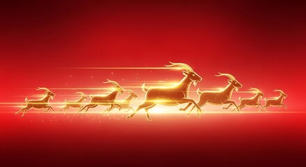 Fototapeta premium A dynamic herd of glowing golden ibex gallops across a vibrant red backdrop, trailing streaks of light and sparkles in a celebration of speed, energy, and elegance.