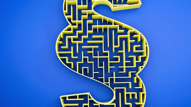 Maze of rules and regulation concept. A yellow paragraph sign with an embedded maze. Camera zooming out