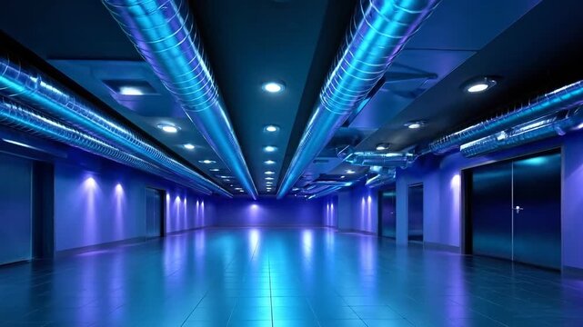 Modern empty corridor interior with blue lighting, metallic ventilation pipes and ducts on ceiling, creating futuristic spacious atmosphere with reflective tiled floor and recessed ceiling lights