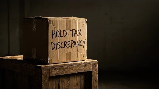 Cardboard box with hold tax discrepancy sign wooden crate dim light, warehouse storage packaging container for shipping delivery logistics, brown corrugated cardboard taped box message caution