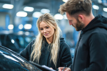 Fototapeta premium A woman and a man discuss details while inspecting a vehicle in a well-lit automotive workshop.