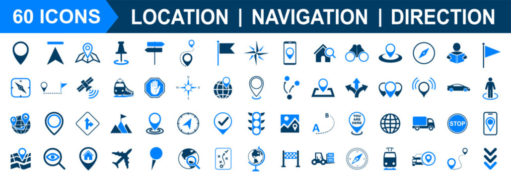 Set of 60 location icons in blue color style. Huge collection of location, navigation signs, GPS location symbols, map pointer icons