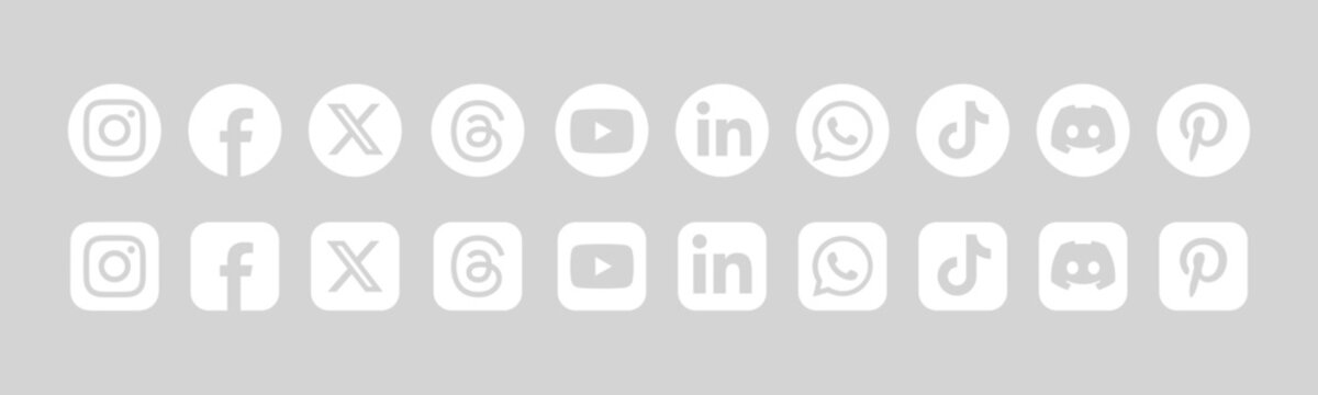 Contact us social media logos in white circles and squares button collection, popular social media icons